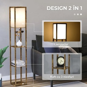 HOMCOM Lampă de Podea cu 3 Rafturi Integrate, Design Modern din MDF, 26x26x160 cm, Lemn Natural | Aosom Romania