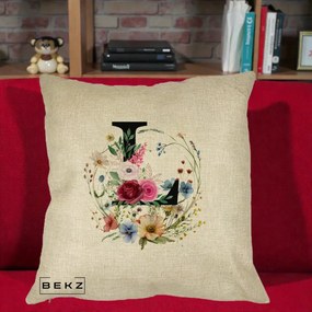 Cadou Personalizat - Perna Personalizata Monogram Litera L cu Flori Acuarela, 40x40 cm, Crem, Husa Detasabila, Perna Inclusa, BEKZ®