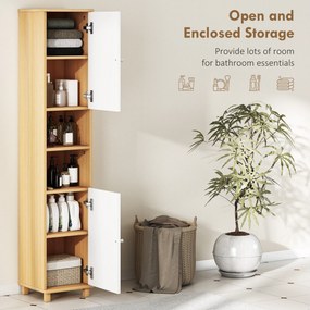 HOMCOM Dulap de Baie înalt cu Uși, 2 Rafturi Deschise, 2 Dulapuri, Dulap de Baie Economisitor de Spațiu cu Rafturi Reglabile pentru Sala de Mese Sufragerie, 30x30x166 cm, Alb și Lemn | Aosom Romania