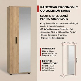 Pantofar Adore Porto, 2 usi reversibile cu oglinda, 10 rafturi, capacitate 28 perechi, Alb - Natur, 60x187x36 cm