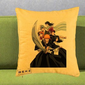 Perna Personalizata Bleach Grup Complet Ichigo si Prietenii, 40x40 cm, Galben, Husa Detasabila, Perna Inclusa, BEKZ®