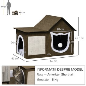 Casa Apartament pentru Pisici cu Pernuta de Zgariat, Perna Moale, Doua usi, 65x41x45,5cm Maro, Alb Crem PawHut | Aosom RO