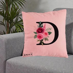 Cadou Personalizat - Perna Personalizata Monograma Florala Litera D, 40x40 cm, Roz, Husa Detasabila, Perna Inclusa, BEKZ®