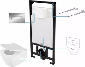 Set vas WC suspendat Deante Anemon Zero alb cu cadru de toaleta, rezervor ascuns si cu buton de actiune crom