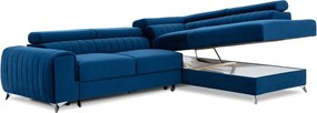 Colțar albastru extensibil/cu spațiu de depozitare cu tapițerie din catifea (cu colț pe partea dreaptă/în formă de ”L”) Laurence – ELTAP