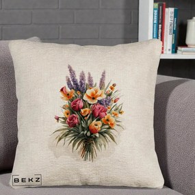 Perna Decorativa Buchet Mixt Acuarela Lavanda-Trandafiri, 40x40 cm, Bej Canapea, Husa Detasabila, Perna Inclusa, BEKZ®