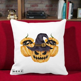 Perna Decorativa Trio Dovleci Jack-o-Lantern cu Palarie Vrajitoare, 40x40 cm, Alba Mata, Husa Detasabila, Perna Inclusa, BEKZ®