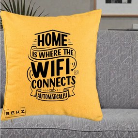 Perna Decorativa Home Is Where WiFi Connects, 40x40 cm, Galben, Husa Detasabila, Perna Inclusa, BEKZ®