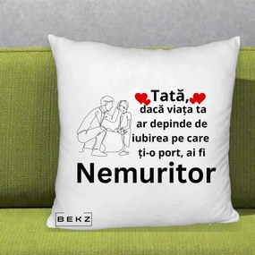 Cadou pentru Tata - Perna Personalizata Tata Nemuritor Baietel, 40x40 cm, Alb Pufos, Husa Detasabila, Perna Inclusa, BEKZ®