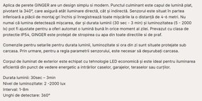 Aplica LED reglabila de exterior cu senzor de miscare IP54 GINGE alba