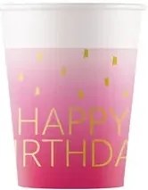 La mulți ani Golden Pink Pahar de hârtie Happy Birthday, 8 buc, 200 ml, FSC