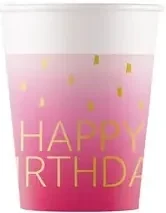 La mulți ani Golden Pink Pahar de hârtie Happy Birthday, 8 buc, 200 ml, FSC