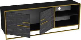 Comoda TV POLKA, negru cu efect de marmura/auriu, PAL melaminat, 160x3