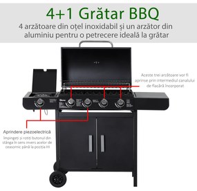 Outsunny Gratar pe Gaz cu 5 Arzatoare Rafturi Laterale si Dulap Inferior cu Usa, Gratar de Gradina cu Roti din Otel si PP, 125x51x100 cm, Negru