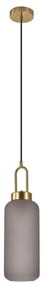 Lampă suspendată Luton, sticlă fumurie mată, soclu din cupru, cilindrică, 13 cm, cablu textil 150 cm