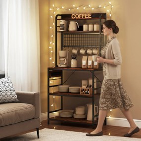 HOMCOM Raft de Bucătărie cu Prize și Rafturi Reglabile, Raft pentru Cuptor cu Microunde cu 5 Niveluri, Panou cu Grilaj și 10 Cârlige, Mobilier Vintage Structură din Oțel, 80x40x170 cm, Maro Rustic | Aosom Romania