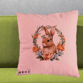 Perna Decorativa Iepuras Floral Coronita Acuarela, 40x40 cm, Roz, Husa Detasabila, Perna Inclusa, BEKZ®
