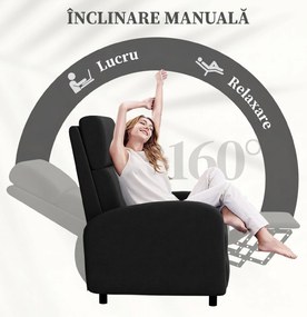 HOMCOM Fotoliu Relax Rabatabil Manual 160° cu Suport pentru Picioare, Fotoliu Ergonomic Tapițat cu Aspect de In pentru Dormitor, Birou, Living și Sufragerie, Negru | Aosom Romania