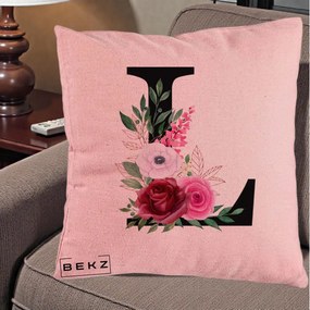 Cadou Personalizat - Perna Personalizata Monograma Florala Litera L, 40x40 cm, Roz, Husa Detasabila, Perna Inclusa, BEKZ®