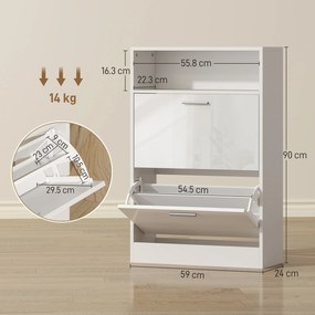 HOMCOM Dulap pentru încălțăminte 8 perechi, dulap, 2 sertare rabatabile, rafturi reglabile și compartiment, alb | Aosom Romania