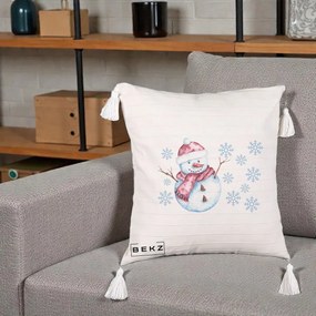 Perna Decorativa Om de Zapada Rosu cu Fulgi, 40x40 cm, Bej cu Franjuri, Husa Detasabila, Perna Inclusa, BEKZ®