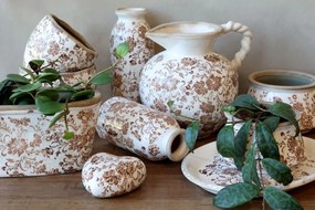 Ghiveci decorativ tronconic alb din ceramică pictată manual, cu motiv floral natur, 14,5x9 cm, „Grenoble"