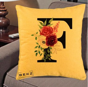 Cadou Personalizat - Perna Personalizata Monograma Florala Litera F, 40x40 cm, Galben, Husa Detasabila, Perna Inclusa, BEKZ®