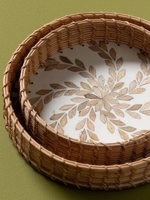 Tăvi decorative rotunde din trestie și rășină, set 2 bucăți, albe, cu frunze din lemn încrustate, 5 x 32 cm, „Feuillage”