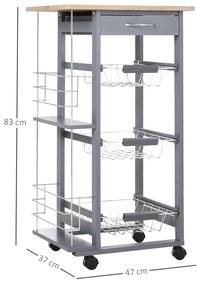 HOMCOM Carucior Bucatarie Multifunctional cu 3 Sertare Detasabile 2 Suporturi Sticle Lemn de Pin Metal 47x37x83cm Stejar Gri | Aosom Romania