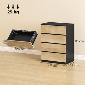 HOMCOM Comodă cu 4 Sertare din Lemn cu Șine Metalice și Mânere Frezate, 60x40x80 cm, Negru și Stejar | Aosom Romania