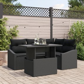 vidaXL Set de canapea de grădină din 5 piese cu perne, negru, din rattan poliesteric