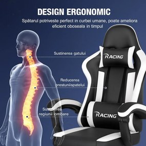 Scaun gaming, Masaj în perna lombară, Suport picioare, Rabatabil 90-165°, piele PU, Negru/Alb