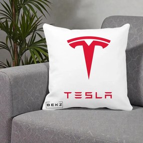 Perna Personalizata cu emblema Tesla, 40x40 cm, Alba Mata, Husa Detasabila, Perna Inclusa, BEKZ®