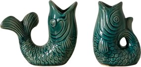Set 2 suporturi pentru lumanari din ceramica, verde inchis, "Fish"