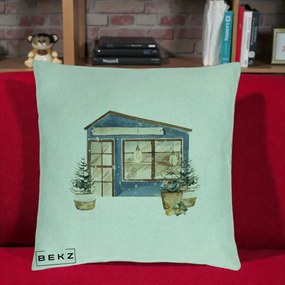 Perna Decorativa Casa de Iarna Watercolor, 40x40 cm, Verde Menta, Husa Detasabila, Perna Inclusa, BEKZ®