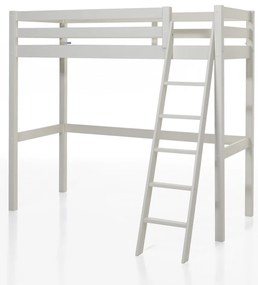 Set PINO în alb format dintr-un Pat copii mezanin (90 x 200 cm) cu un Pat copii de o persoană și somieră rulabilă asortată.
