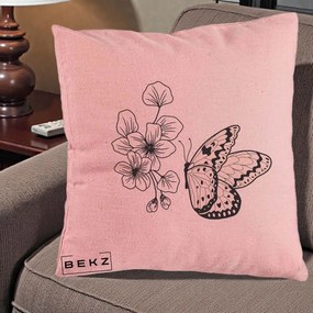 Perna Decorativa Fluture si Flori Linie Monocroma, 40x40 cm, Roz, Husa Detasabila, Perna Inclusa, BEKZ®