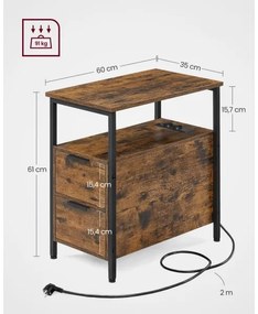 Masă laterală ROD cu prize integrate și porturi USB, maro/negru