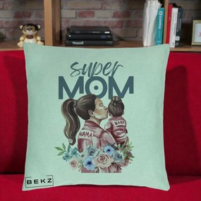 Cadou pentru Mama - Perna Personalizata Super Mom Mama cu Bebelusul, 40x40 cm, Verde Menta, Husa Detasabila, Perna Inclusa, BEKZ®
