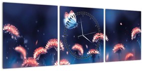 Tablou cu păpădii cu fluture albastru (cu ceas) (90x30 cm)