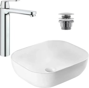 Pachet lavoar pe blat Rea Belinda Slim alb 46.5 cm, baterie lavoar Grohe Eurosmart Cosmopolitan XL crom si ventil lavoar Click-Clack crom