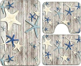 Set covoare baie antiderapante, 3 piese, model marin cu stele de mare
