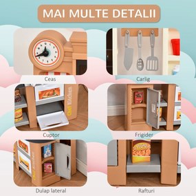 HOMCOM Bucatarie pentru Copii 3-6 Ani cu 58 Accesorii, Aragaz cu Sunete si Chiuveta Functionala, 63x35x84, Gri Maro