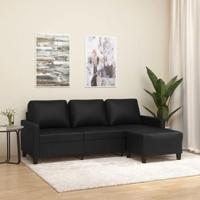 Canapea cu 3 locuri si taburet, negru, 180 cm, piele ecologica