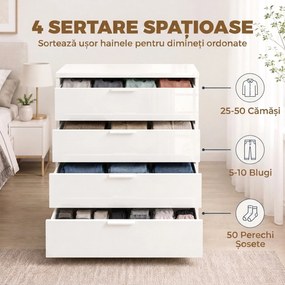 HOMCOM Comodă Alb Lucios cu 4 Sertare și șine Glisante | Aosom Romania