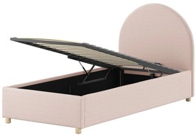 Pat tapițat pentru copii MOON, 90 x 200 cm, roz, cu țesătură bouclé și spațiu de depozitare – Vipack