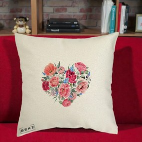 Perna Decorativa Inima din Bujori Acuarela, 40x40 cm, Ecru, Husa Detasabila, Perna Inclusa, BEKZ®