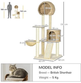 PawHut Arbore de cățărat pentru pisici cu sisal natural, 2 cuiburi, platformă, hamac, pluș, plăci de apă - 60 x 60 x 150 cm, bej | Aosom Romania