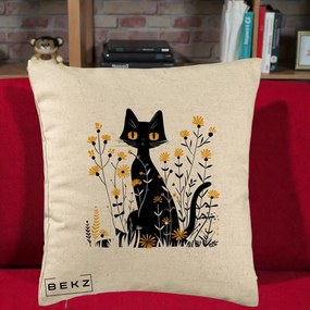 Perna Decorativa Pisica Neagra Ochi Galbeni Flori Galbene, 40x40 cm, Bej, Husa Detasabila, Perna Inclusa, BEKZ®