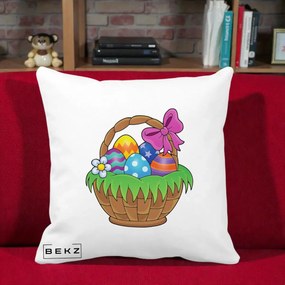 Perna Decorativa Cos cu Oua de Pasti Colorat, 40x40 cm, Alba Mata, Husa Detasabila, Perna Inclusa, BEKZ®